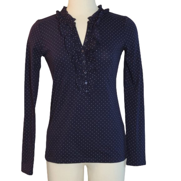 LOFT Navy Poka Dot Ruffle Neck LS Top, Size M, NWOT - Picture 3 of 11